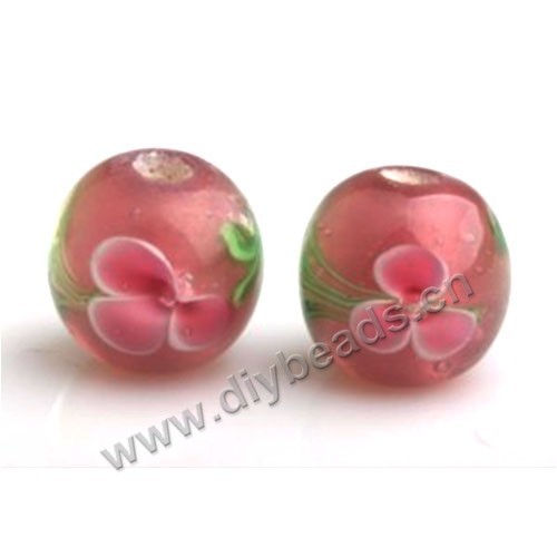 Bead,Japan lampworked glass,red with flower, 10x10mm round.mini order 100pc 