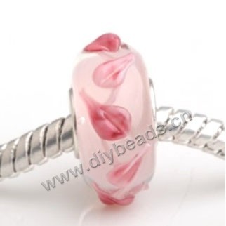 Bead, big-hole beads,Lampworked glass and silver-plated brass grommet,pink with flower,14x7mm rondelle with 4.5 mm hole,sold per pkg of 50ps