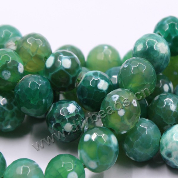 beads, fire agate, green color, 10mm faceted round, sold per five strands