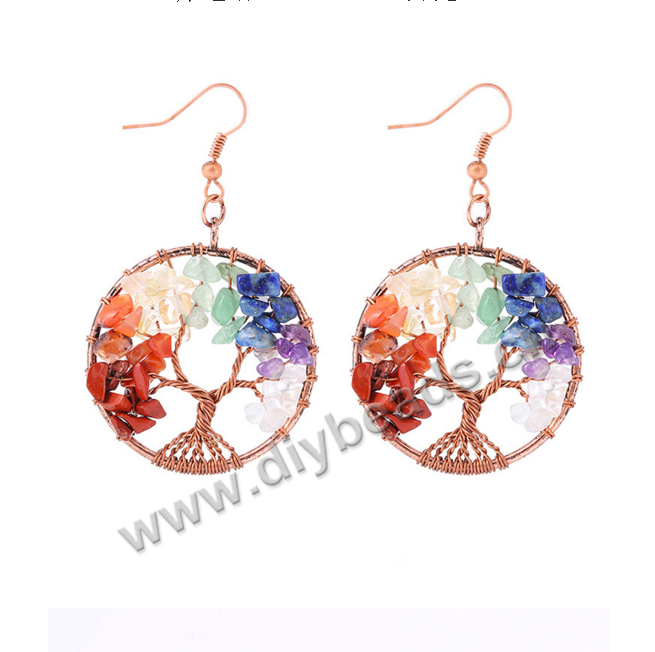 Factory Direct Copper Wire Winding Life Tree Round Natural Gemstone gravel Energy Stone Pendant earrings 
