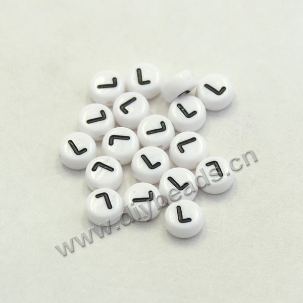 Bead mix, acrylic, white with black alphabet L, 7x4mm double-sided flat round with 1.2mm drill hole. Sold per pkg of 100ps