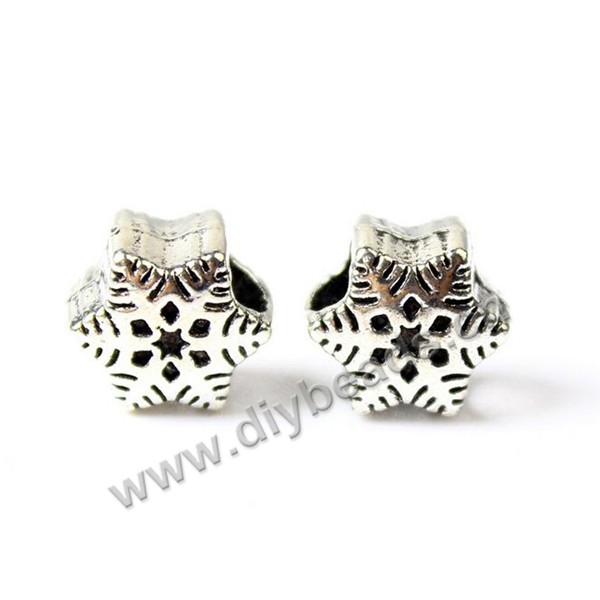 Bead,big-hole beads,zinc alloy,snowflake shape,10*10mm,Sold per pkg of 100pcs