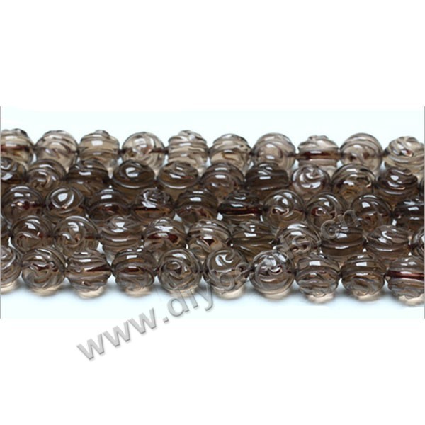 Bead, smoky quartz (heated/irradiated), 8mm carved double side flower. Sold per 16-inch strand.
