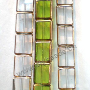 Bead, copper-plated glass, clear/green, 12x10mm flat rectangle. Sold per pkg of ten 12-inch strand.