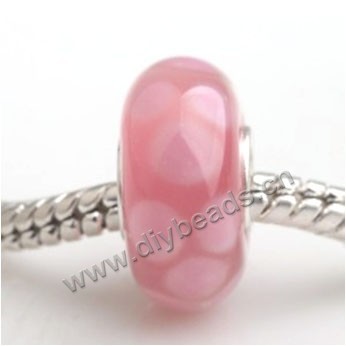 Bead, big-hole beads,Lampworked glass and 925 sterling silver grommet,pink with flower, 14x7mm rondelle with 4.5 mm hole,sold per pkg of 50ps