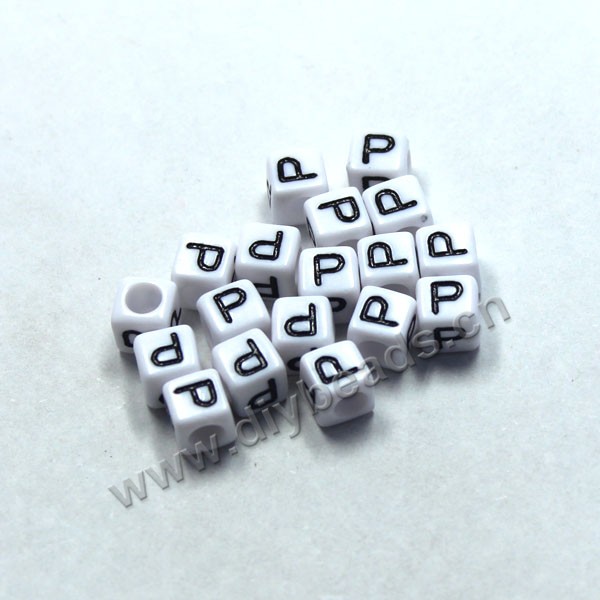 Bead, acrylic,White,alphabet is P, 6x6mm cube with 3.5mm drill hole. Sold per pkg of 100ps