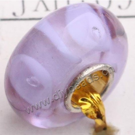 Bead, big-hole beads,Lampworked glass and 925 sterling silver grommet,light purple with white lines, 14x7mm rondelle with 4.5 mm hole,sold per pkg of 50ps