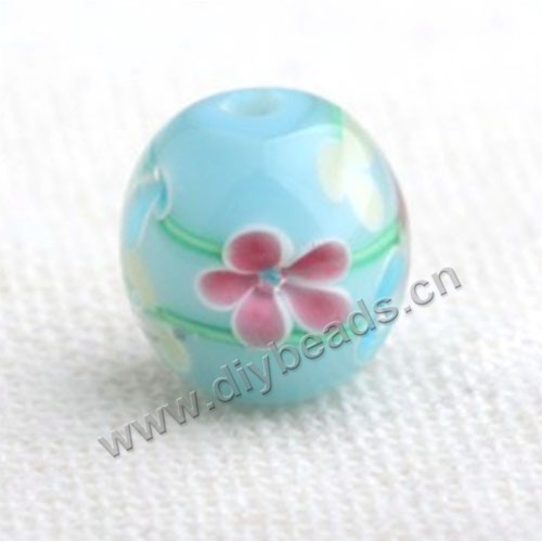 Bead,Japan lampworked glass,blue with flower, 12x12mm round.mini order 100pc 