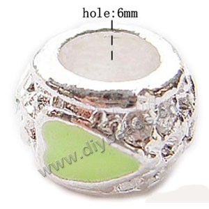 Bead, big-hole beads,silver-plated pewter and enameled , green, 11x11mm drum with heart, 6mm hole. Sold per pkg of 10ps