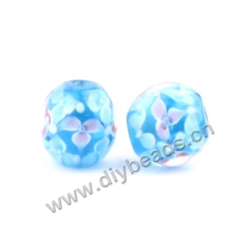 Bead, lampworked glass,blue with flower, 16x16mm round.mini order 50pc 