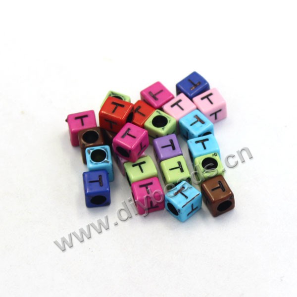 Bead, acrylic,mixed color,alphabet is T, 6x6mm cube with 3mm drill hole. Sold per pkg of 100ps