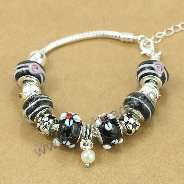 Bracelet,alloy and lampwork glass,black ,large hole beads,Sold per package of 1 piece