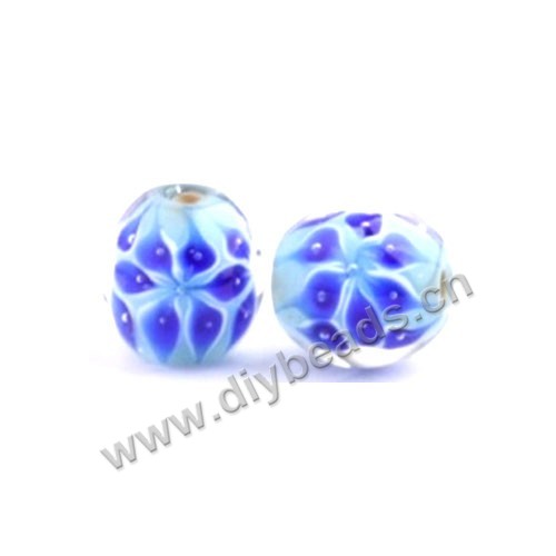 Bead, lampworked glass,blue with flower, 16x16mm round.mini order 50pc 