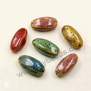 Bead mix, fancy glaze porcelain,multicolored, 27x12mm long oval. Sold per pkg of 100 beads. 