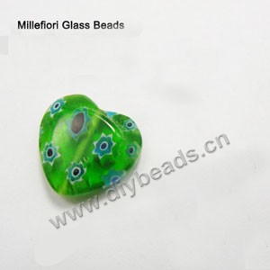 bead,millefiori glass,green/blue ,16x16x4mm flat heart,approximately 23ps/strand 