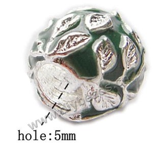 Bead, big-hole beads,silver-plated pewter and enameled , green, 9.5x11.5mm rondelle with leaves, 5mm hole. Sold per pkg of 10ps