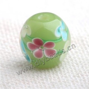 Bead,Japan lampworked glass,green with flower, 12x12mm round.mini order 100pc 