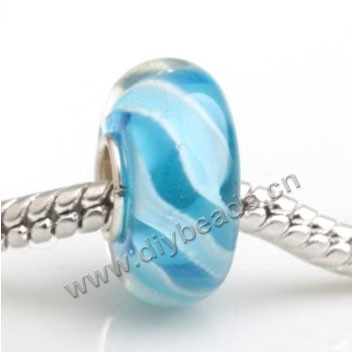 Bead, big-hole beads,Lampworked glass and 925 sterling silver grommet,blue with stripe,14x7mm rondelle with 4.5 mm hole,sold per pkg of 50ps