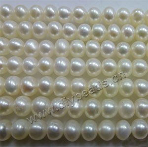Pearl, cultured freshwater ,white , 7-8mm potato, A grade, Mohs hardness 2-1/2 to 4. Sold per pkg of (5) 15-inch strands.