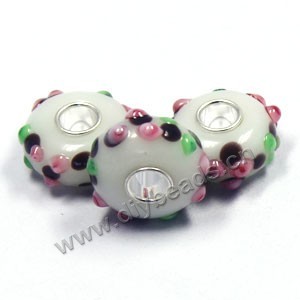 Bead,big-hole beads white with pink,lampworked glass with silver-finished brass,15x8m rondelle with bumpy flower design ,white,mini order 10pcs