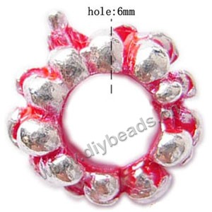 Charm, big-hole beads,silver-plated pewter and enameled , red, 13x12mm beaded rondelle, 6mm hole. Sold per pkg of 10ps