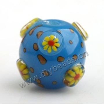 Bead,Japan lampworked glass,blue with bumpy flower, 16x16mm round.mini order 100pc 