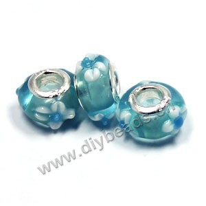 Bead,big-hole beads ,lampworked glass with silver-finished brass,14x9m rondelle green with bumpy flower,mini order 200pcs