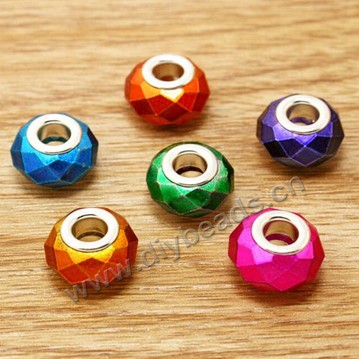 Bead,big-hole beads,glass with brass grommets,6 colors,9x14mm rondelle,5mm hole,sold per pkg of 30ps