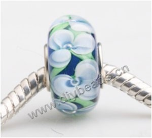 Bead, big-hole beads,	Lampworked glass and silver-plated brass grommet,blue with flower, 14x7mm rondelle with 4.5 mm hole,sold per pkg of 50ps