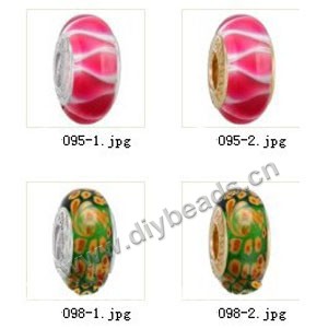 Bead,big-hole beads ,lampworked glass with silver-finished brass grommets,mixed colors and designs,6x12mm-8x14mm rondelle ,4mm spiral hole,sold per pkg of 10ps