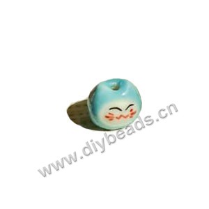Bead, porcelain, turquoise blue,white, 12x12mm hand-painted lucky cat . Sold per pkg of 6.