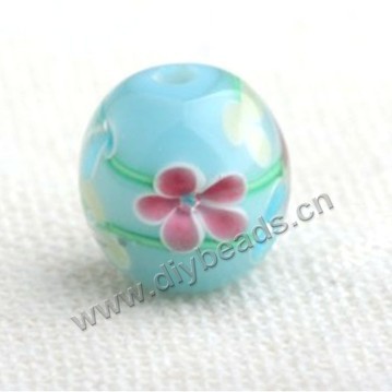 Bead,Japan lampworked glass,blue with fower, 14x14mm round.mini order 100pc 