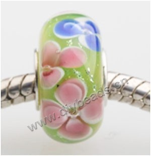 Bead, big-hole beads,	Lampworked glass and silver-plated brass grommet,green with flower, 14x7mm rondelle with 4.5 mm hole,sold per pkg of 50ps