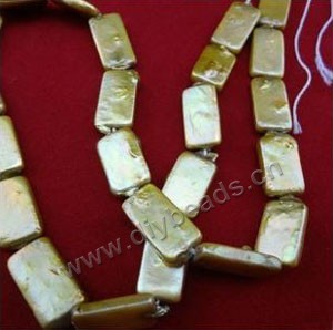 Pearl, cultured freshwater (dyed), green-gold, 15x8mm-16x9mm rectangle, Mohs hardness 2-1/2 to 4. Sold per pkg of (10) 16-inch strands.