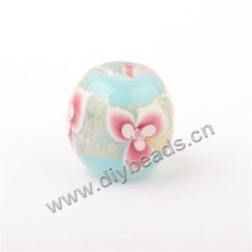 Bead,Japan lampworked glass,green with flower, 14x14mm round.mini order 100pc 