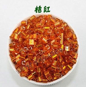 Bugle bead, glass,silver-lined,orange-red ,#1 beads. Sold per pkg of 80 grams,approximately 4,500ps.