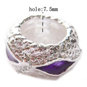 Bead, big-hole beads,silver-plated pewter and enameled , purple, 12.5x7mm rondelle with 7.5mm hole. Sold per pkg of 10ps