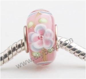 Bead, big-hole beads,Lampworked glass and silver-plated brass grommet,pink with flower, 14x7mm rondelle with 4.5 mm hole,sold per pkg of 50ps
