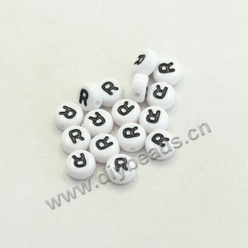 Bead mix, acrylic, white with black alphabet R, 7x4mm double-sided flat round with 1.2mm drill hole. Sold per pkg of 100ps