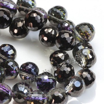 Bead, plated glass, gun black with purple, 8mm 128 faceted round, side hole, sold per pkg 1 strands-(100ps/strand).