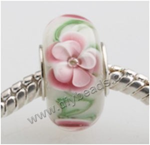 Bead, big-hole beads,Lampworked glass and silver-plated brass grommet,white with flower, 14x7mm rondelle with 4.5 mm hole,sold per pkg of 50ps