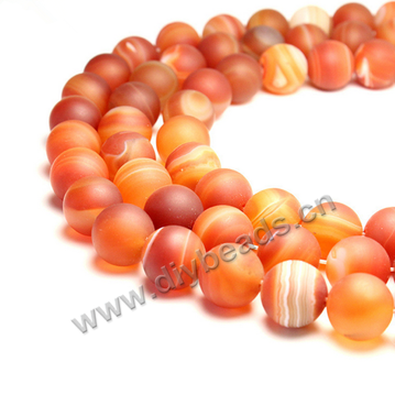 Beads, frosted striped agate, red color, 8mm round. Sold per pkg of 10 strands