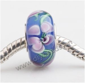 Bead, big-hole beads,Lampworked glass and 925 sterling silver grommet,purple with flower, 14x7mm rondelle with 4.5 mm hole,sold per pkg of 50ps