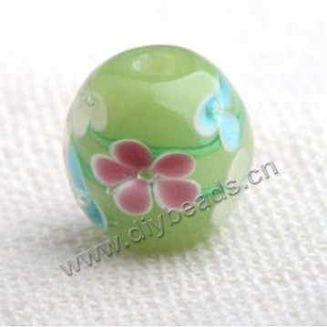 Bead,Japan lampworked glass,green with fower, 14x14mm round.mini order 100pc 