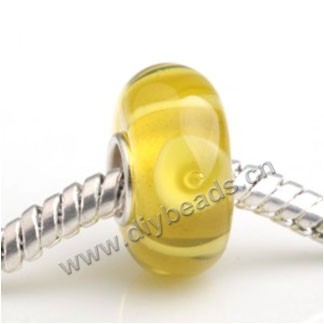 Bead, big-hole beads,Lampworked glass and 925 sterling silver grommet,yellow, 14x7mm rondelle with 4.5 mm hole,sold per pkg of 50ps