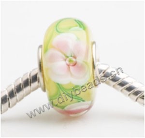 Bead, big-hole beads,Lampworked glass and 925 sterling silver grommet,yellow with flower, 14x7mm rondelle with 4.5 mm hole,sold per pkg of 50ps