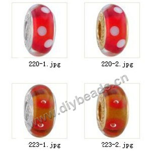 Bead,big-hole beads ,lampworked glass with silver-finished brass grommets,mixed colors and designs,6x12mm-8x14mm rondelle ,4mm spiral hole,sold per pkg of 10ps