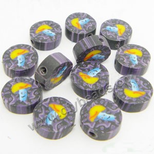 Bead, polymer clay, black/blue/yellow, 10x4mm double-sided flat round with flower. Sold per pkg of 24.