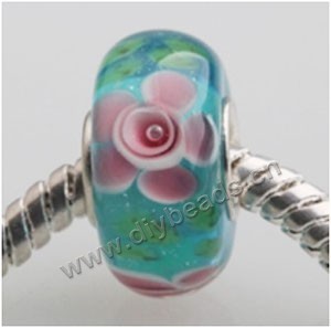 Bead, big-hole beads,Lampworked glass and silver-plated brass grommet,green with flower, 14x7mm rondelle with 4.5 mm hole,sold per pkg of 50ps