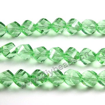 bead, glass, light green, 10mm faceted twist round, sold per pkg 5 strands.